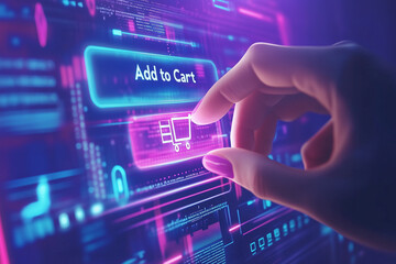 Close-up of a hand pressing "Add to Cart" on a futuristic holographic online shopping interface 