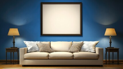A modern living space featuring a blue wall with a blank poster frame, cozy sofa, stylish lamps, and end tables, perfect for home decor inspiration