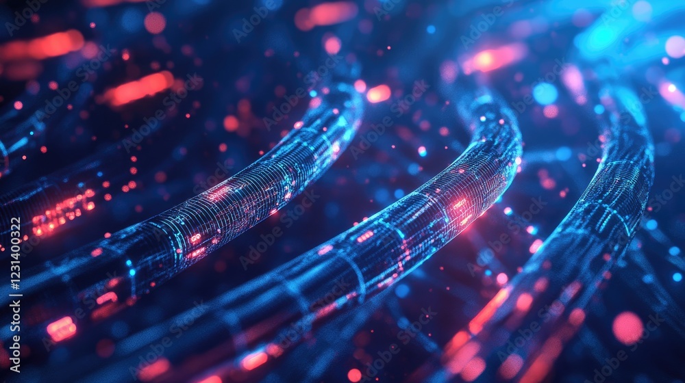 Poster A network cable connecting to a firewall, with LEDs blinking to signify secure and encrypted data being transmitted in a modern digital infrastructure