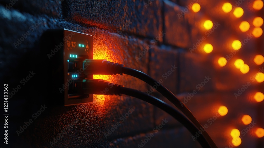 Poster A network cable plugged into a firewall, showing blinking LEDs that represent secure, encrypted data transmission technology for internet security