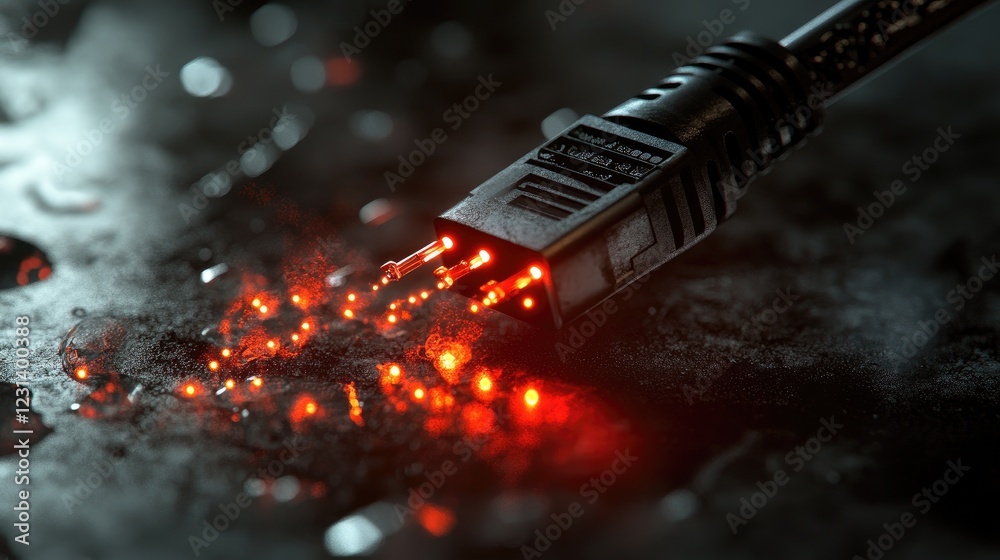 Poster A network cable plugged into a firewall, showing blinking LEDs that represent secure, encrypted data transmission technology for internet security