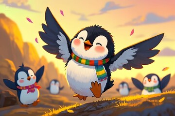 a group of cheerful penguins with open wings and bright smiles