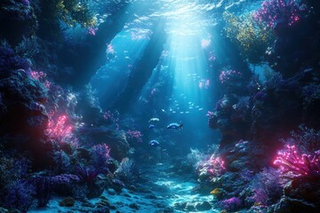 A 3D-rendered underwater scene with glowing sea creatures, detailed coral reefs, and a soft, ethereal light filtering through the water.