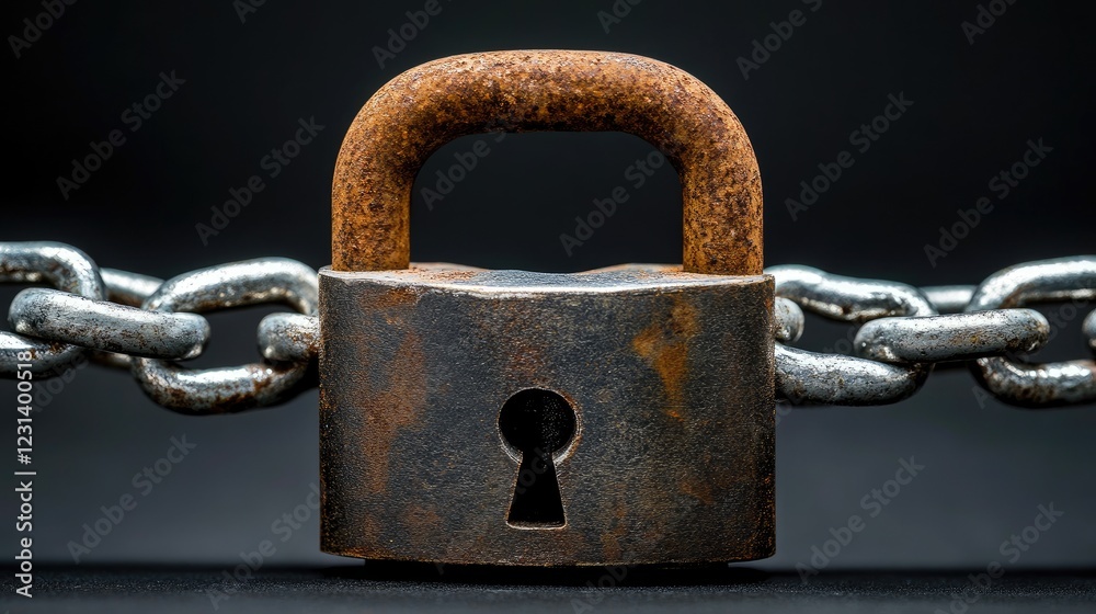 Poster a padlock and rusted chain on a dark black background, evoking themes of protection, security system