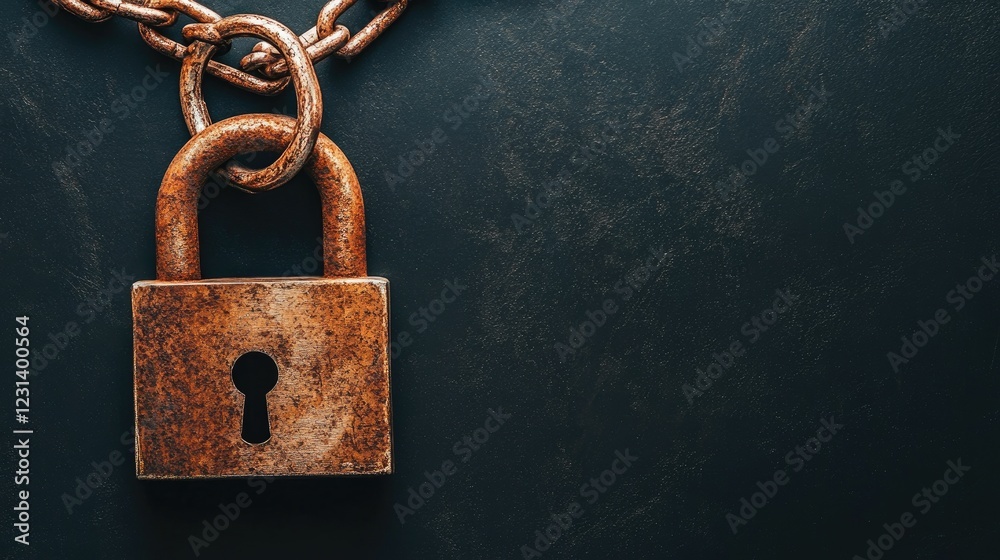 Poster a padlock and rusted chain on a dark black background, evoking themes of protection, security system