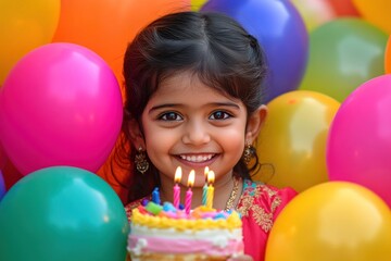 Obraz premium Happy girl with birthday cake and balloons.