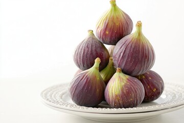 Fototapeta premium A plate of ripe purple figs arranged in a pyramid shape against a white background.