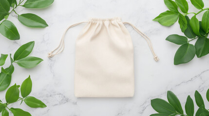 Cream-colored reusable drawstring bag on marble background with green leaves. Eco-friendly packaging concept.
