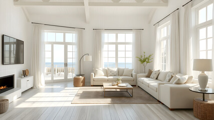 Modern light living room interior mockup with white sofa and armchair, 3d rendering
