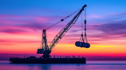 Obraz premium Silhouette of large crane lifting cylindrical objects at sunset over calm sea.
