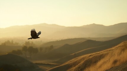Hawk soaring over golden hills at sunrise.