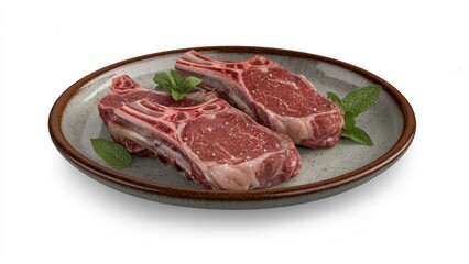 Fototapeta premium Raw Ribeye Steaks on a Plate with Fresh Mint Leaves