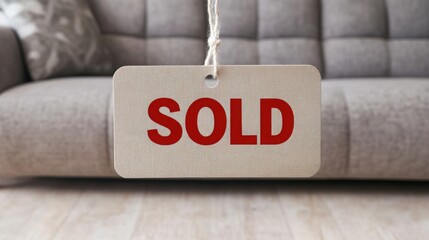 A price tag with the bold red text "SOLD" attached to a piece of designer furniture in a stylish showroom