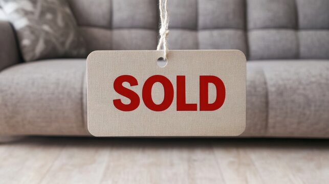 A price tag with the bold red text "SOLD" attached to a piece of designer furniture in a stylish showroom