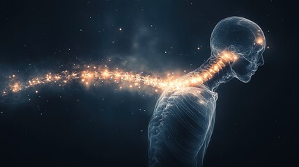 A surreal artistic X-ray of a human spine glowing with abstract light patterns