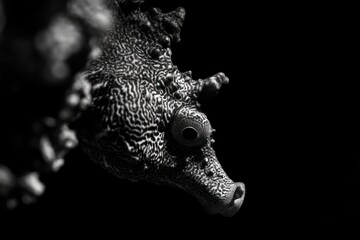 Fototapeta premium Monochrome close-up of a seahorse's head against a black background, showing intricate details and texture.