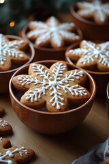 Fototapeta premium Gingerbread Cookies with Snowflake Icing on Rustic Wooden Table with Cinnamon Sticks and Star Anise for a Cozy Holiday Decoration