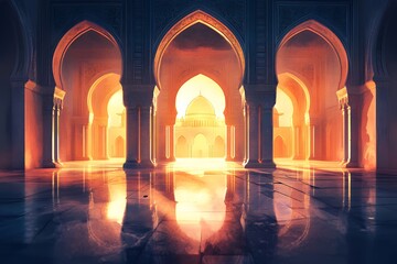Golden Sunset Illuminates Mosque Courtyard Arches