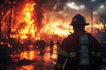 Naklejka premium A firefighter stands against a backdrop of raging flames, exemplifying bravery and the fight against wildfires in a dramatic, intense scene.