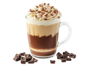 delicious hot cocoa topped with foamy milk and chocolate shavings, served in clear glass cup. This cozy drink is perfect for warming up on chilly day
