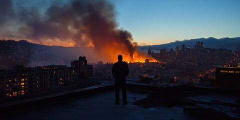 Silhouette of a person on a rooftop overlooking a city fire at sunset.
