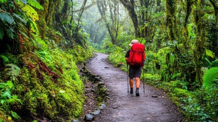 Obraz premium Hiker on misty rainforest trail.