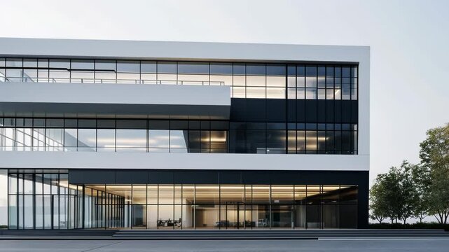 Modern glass-fronted building with multiple levels and a sleek design.