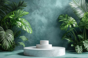 Obraz premium White candle on pedestal surrounded by lush tropical plants in a serene indoor setting