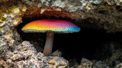 Vibrant rainbow mushroom growing in dark rock crevice.