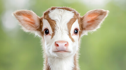 Fototapeta premium Cute calf portrait, green pasture background, farm animal