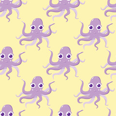 Vector seamless pattern with purple octopuses on a yellow background. Colorful cute drawing for kids about swimming and sea creatures. Suitable for children's design, wallpaper, fabric. Children's pri