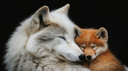 Arctic wolf cuddling pup, dark background, wildlife sanctuary, nature poster