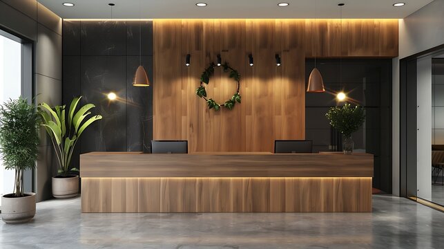 Interior of luxury hotel reception hall with front desk and concrete walls