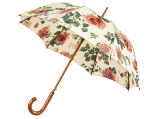 vintage floral umbrella with wooden handle, featuring charming rose patterns. This elegant accessory adds touch of nostalgia and style to any rainy day