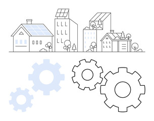 Eco-friendly city with solar panels on buildings and houses, gears symbolizing technology and progress. Ideal for sustainability, green energy, smart cities, urban development, efficiency, renewable