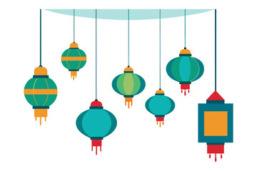 A Set of Lanterns Hanging Above a Blank White Template vector illustration, Hanging lanterns set vector illustration © Nizam