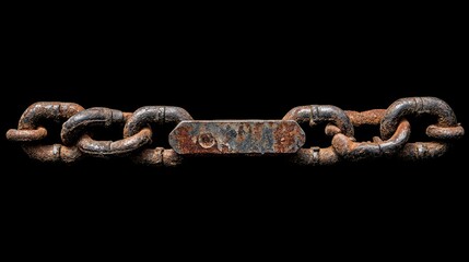 Obraz premium A rusted, worn chain with a padlock against a black backdrop, representing security, protection, and resilience in an industrial or conceptual context