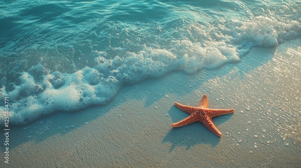 Poster a vibrant starfish lies on the soft sand, meeting the delicate waves that roll in from a crystal-cle