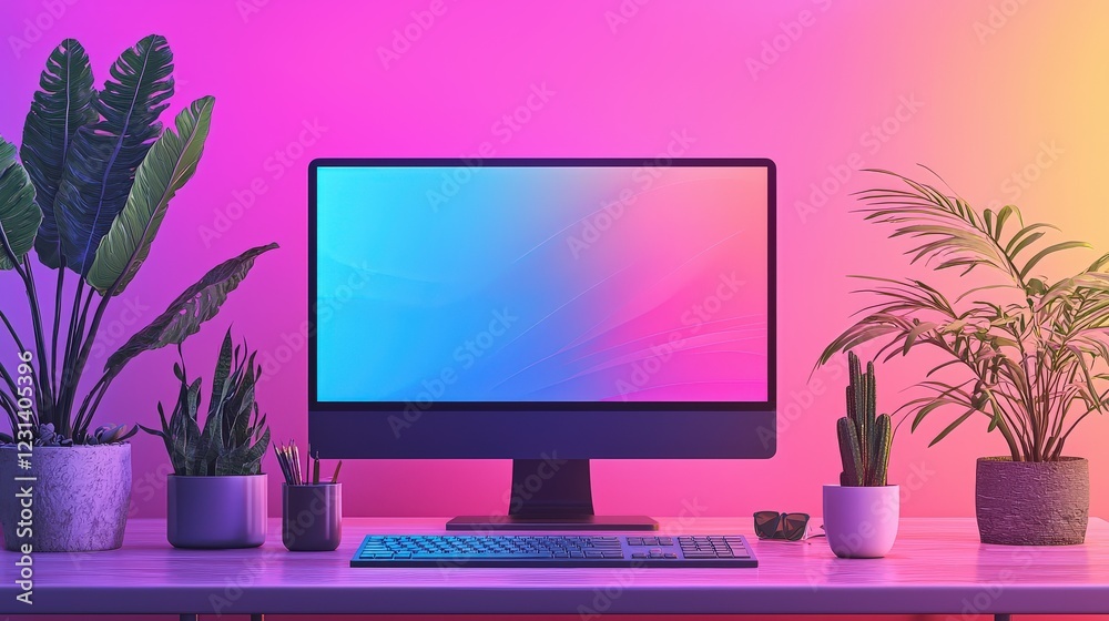 Poster a minimalist flat vector of a digital art project displayed on a high-tech screen with vibrant color