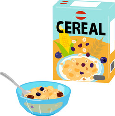 市販のシリアルのパッケージとボウルに入れたシリアル