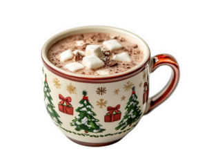 cozy cup of hot cocoa in festive mug, topped with marshmallows, evokes warmth of holiday season. Perfect for winter gatherings and celebrations