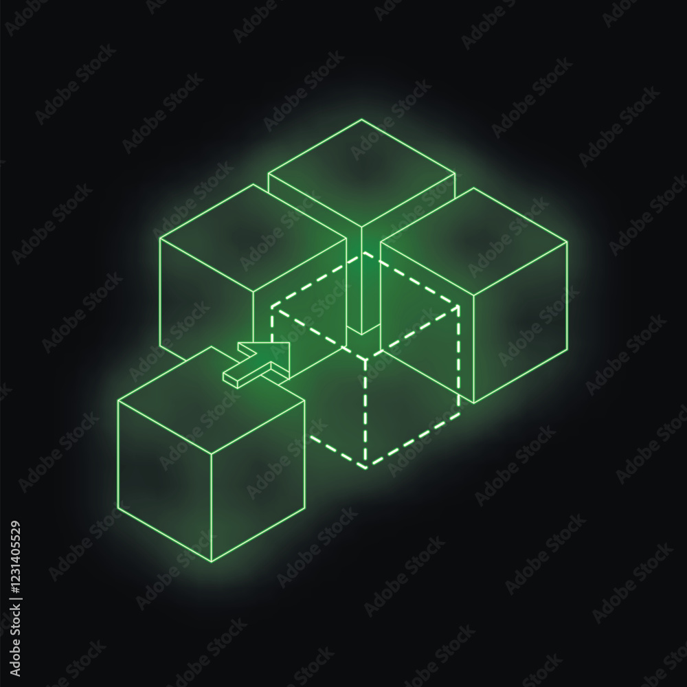 Poster glowing green cubes linked by dotted lines and arrows represent blockchain technology and secure dat