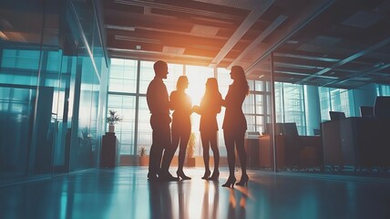 A group of business professionals engage in a discussion in a modern office space, illuminated by the warm glow of the setting sun.