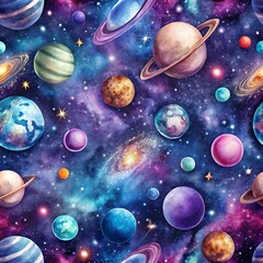 Colorful painting of the planets in the solar system. Seamless pattern. Watercolor