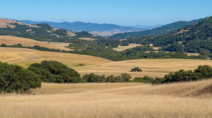 Fototapeta premium Tractor in golden, rolling hills landscape under a clear blue sky.