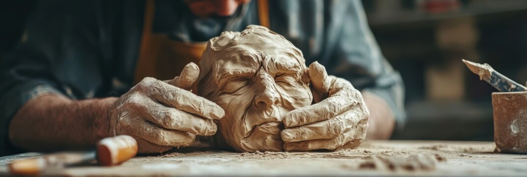 Close-up of an artist's hands molding clay, with tools and rough shapes of sculptures displayed on the workbench.
