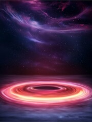 A cosmic scene featuring a vibrant, glowing circular formation surrounded by a starry sky, evoking a sense of deep space and mystery.