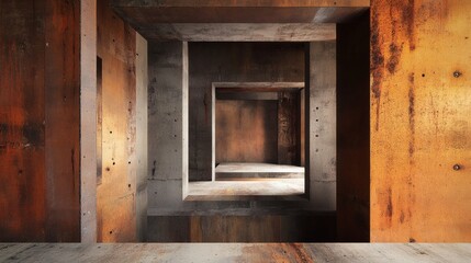 Abstract Rusty Architecture Nested Recessed Concrete and Metal Interior Spaces