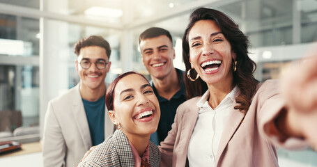 Business, selfie and team building with friends laughing in office together for social media...