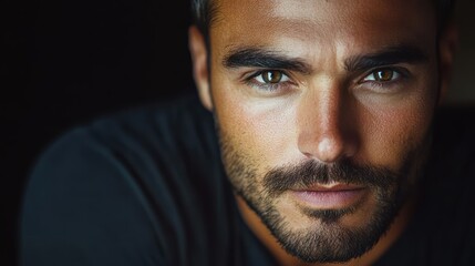 Fototapeta premium A close-up portrait of a handsome man with striking eyes, wearing a black t-shirt, with dramatic lighting highlighting his facial features.